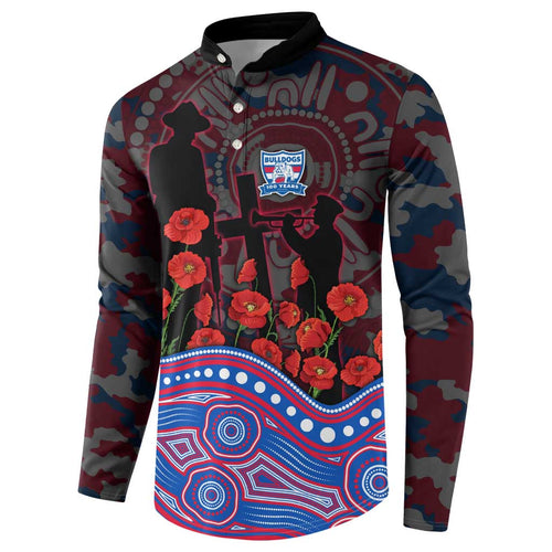 Western Bulldogs ANZAC Day Button Sweatshirt Indigenous Dot Art with Poppy Flower Tribute