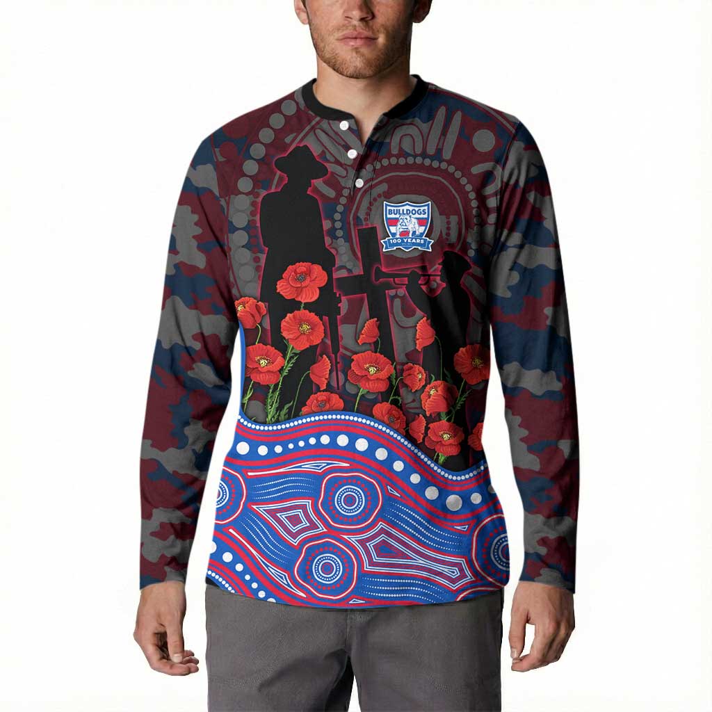 Western Bulldogs ANZAC Day Button Sweatshirt Indigenous Dot Art with Poppy Flower Tribute