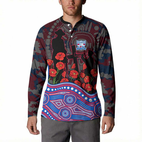 Western Bulldogs ANZAC Day Button Sweatshirt Indigenous Dot Art with Poppy Flower Tribute