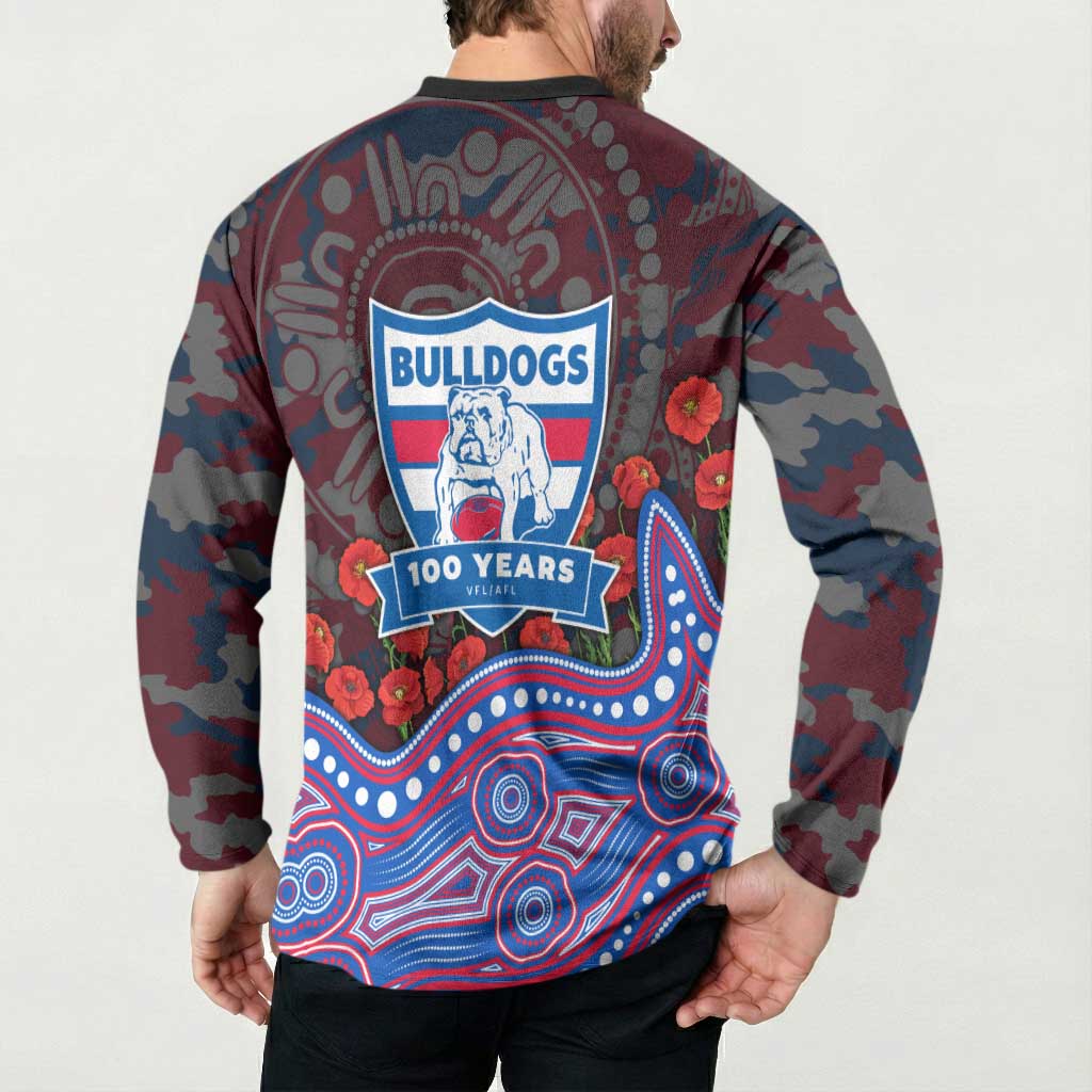 Western Bulldogs ANZAC Day Button Sweatshirt Indigenous Dot Art with Poppy Flower Tribute