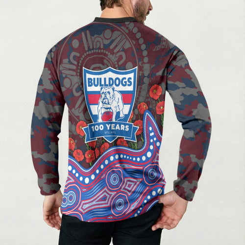 Western Bulldogs ANZAC Day Button Sweatshirt Indigenous Dot Art with Poppy Flower Tribute