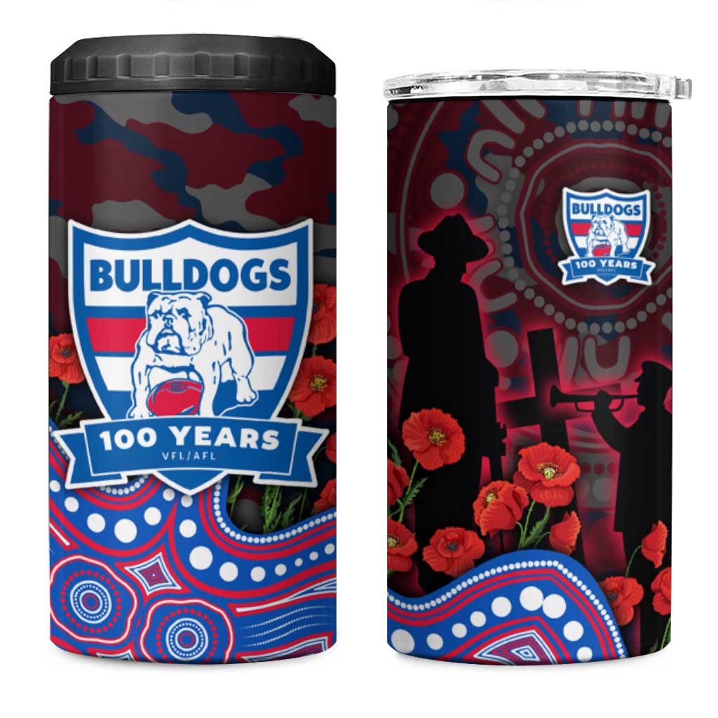 Western Bulldogs ANZAC Day 4 in 1 Can Cooler Tumbler Indigenous Dot Art with Poppy Flower Tribute