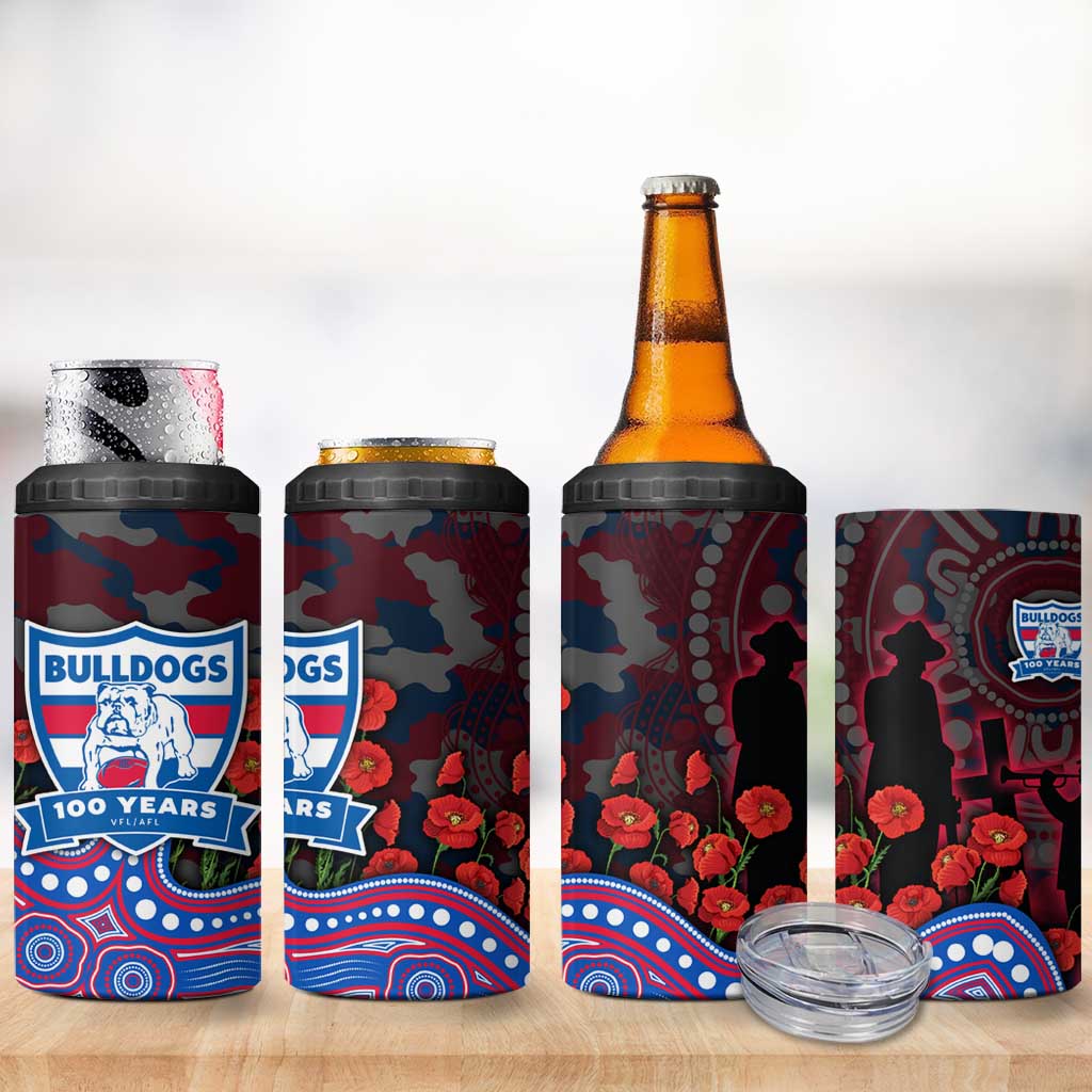 Western Bulldogs ANZAC Day 4 in 1 Can Cooler Tumbler Indigenous Dot Art with Poppy Flower Tribute