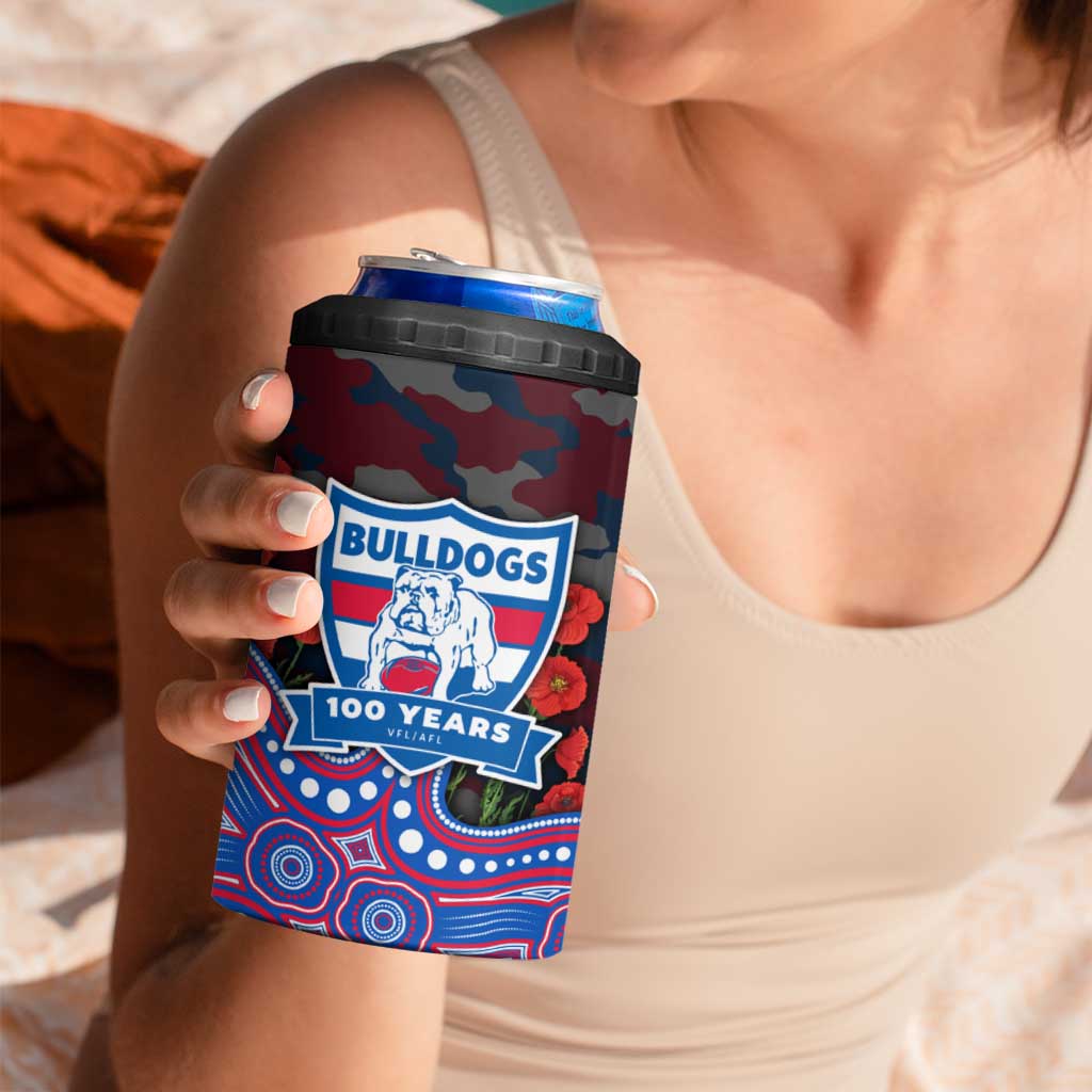 Western Bulldogs ANZAC Day 4 in 1 Can Cooler Tumbler Indigenous Dot Art with Poppy Flower Tribute