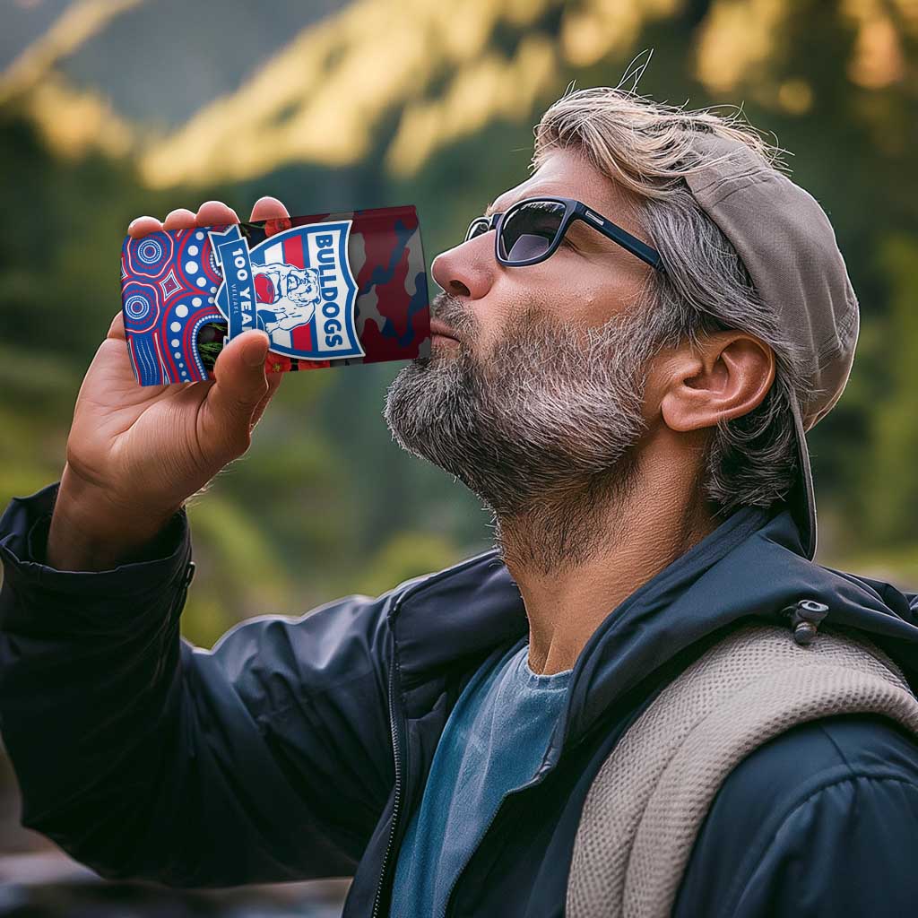Western Bulldogs ANZAC Day 4 in 1 Can Cooler Tumbler Indigenous Dot Art with Poppy Flower Tribute