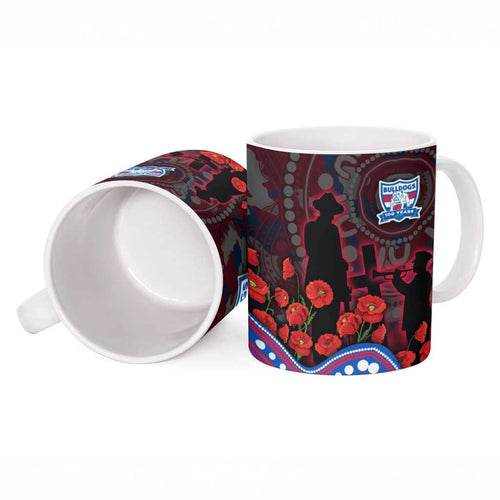 Western Bulldogs ANZAC Day Ceramic Mug Indigenous Dot Art with Poppy Flower Tribute