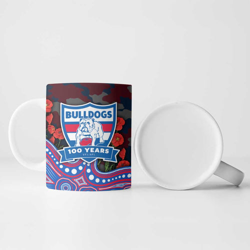 Western Bulldogs ANZAC Day Ceramic Mug Indigenous Dot Art with Poppy Flower Tribute