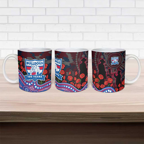 Western Bulldogs ANZAC Day Ceramic Mug Indigenous Dot Art with Poppy Flower Tribute