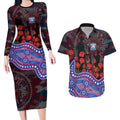 Western Bulldogs ANZAC Day Couples Matching Long Sleeve Bodycon Dress and Hawaiian Shirt Indigenous Dot Art with Poppy Flower Tribute