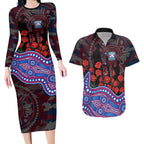 Western Bulldogs ANZAC Day Couples Matching Long Sleeve Bodycon Dress and Hawaiian Shirt Indigenous Dot Art with Poppy Flower Tribute