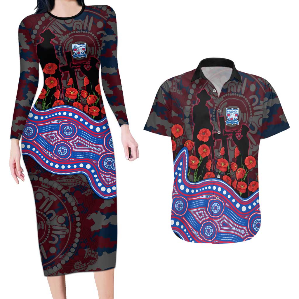 Western Bulldogs ANZAC Day Couples Matching Long Sleeve Bodycon Dress and Hawaiian Shirt Indigenous Dot Art with Poppy Flower Tribute