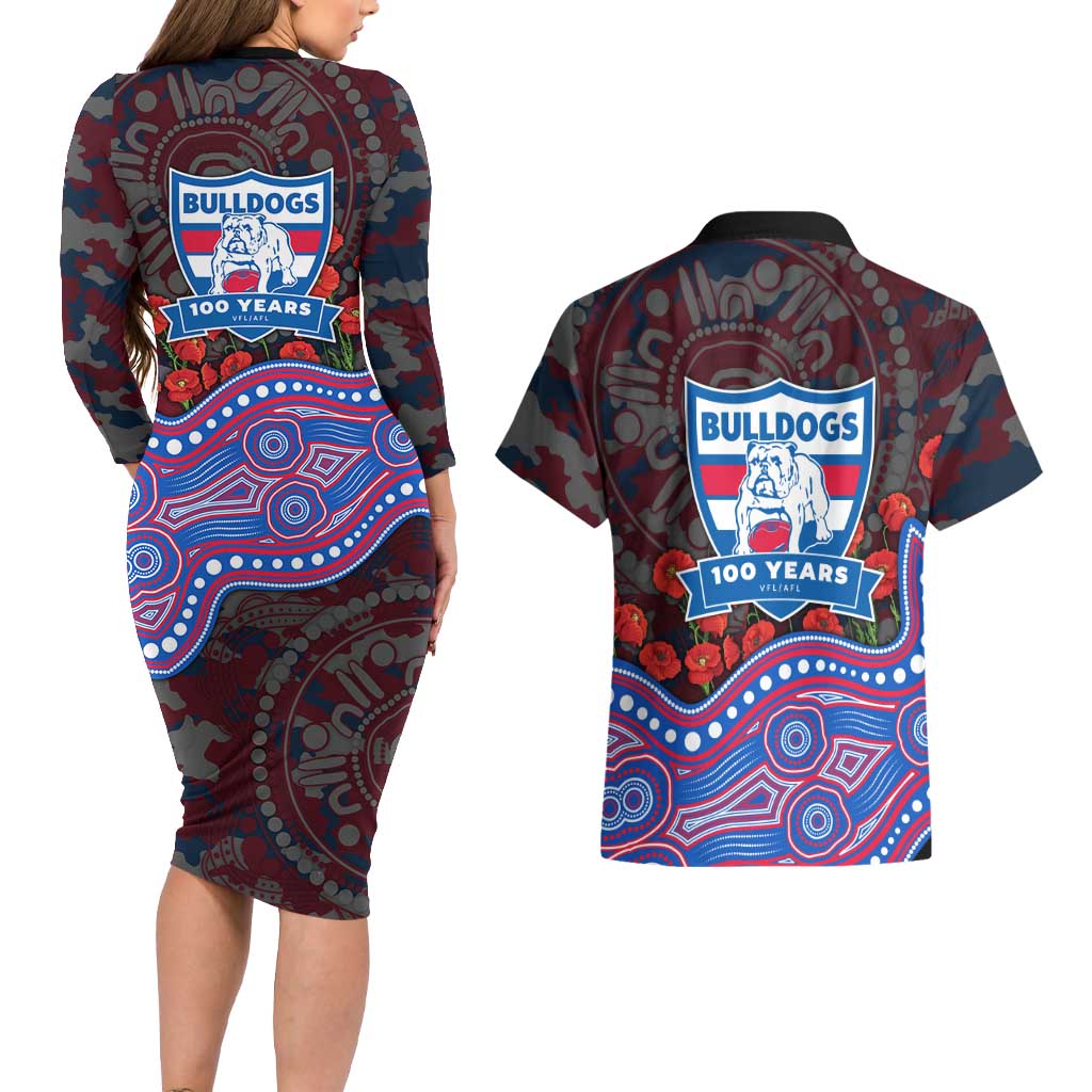 Western Bulldogs ANZAC Day Couples Matching Long Sleeve Bodycon Dress and Hawaiian Shirt Indigenous Dot Art with Poppy Flower Tribute