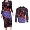 Western Bulldogs ANZAC Day Couples Matching Long Sleeve Bodycon Dress and Long Sleeve Button Shirt Indigenous Dot Art with Poppy Flower Tribute