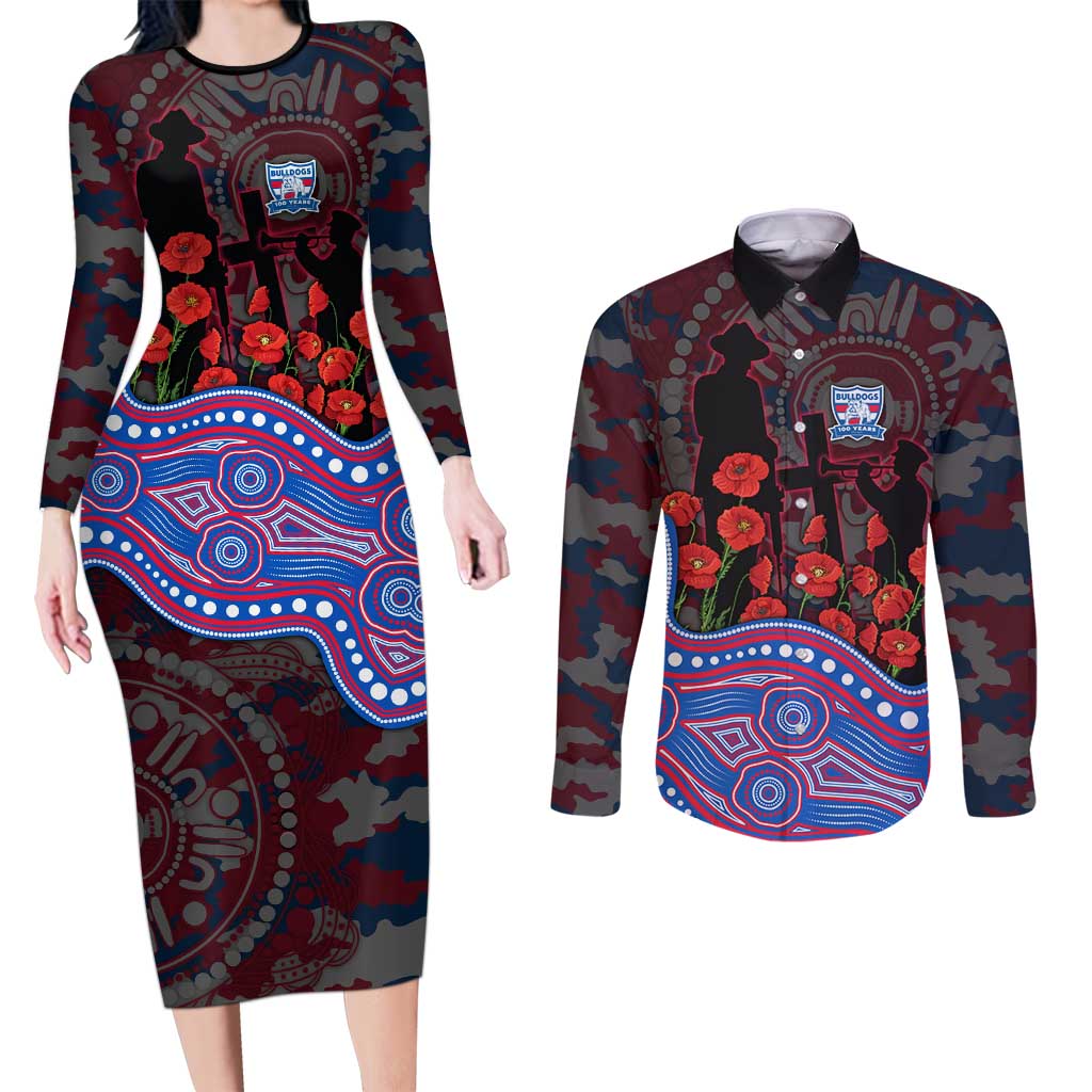 Western Bulldogs ANZAC Day Couples Matching Long Sleeve Bodycon Dress and Long Sleeve Button Shirt Indigenous Dot Art with Poppy Flower Tribute