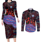 Western Bulldogs ANZAC Day Couples Matching Long Sleeve Bodycon Dress and Long Sleeve Button Shirt Indigenous Dot Art with Poppy Flower Tribute