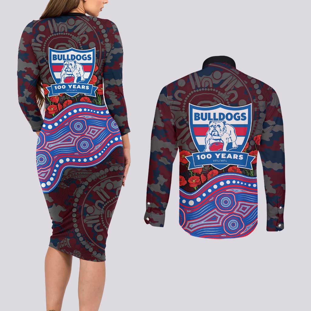Western Bulldogs ANZAC Day Couples Matching Long Sleeve Bodycon Dress and Long Sleeve Button Shirt Indigenous Dot Art with Poppy Flower Tribute