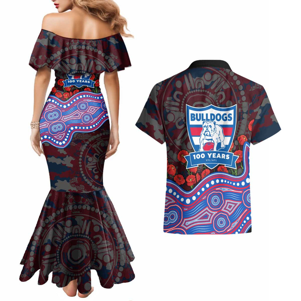 Western Bulldogs ANZAC Day Couples Matching Mermaid Dress and Hawaiian Shirt Indigenous Dot Art with Poppy Flower Tribute
