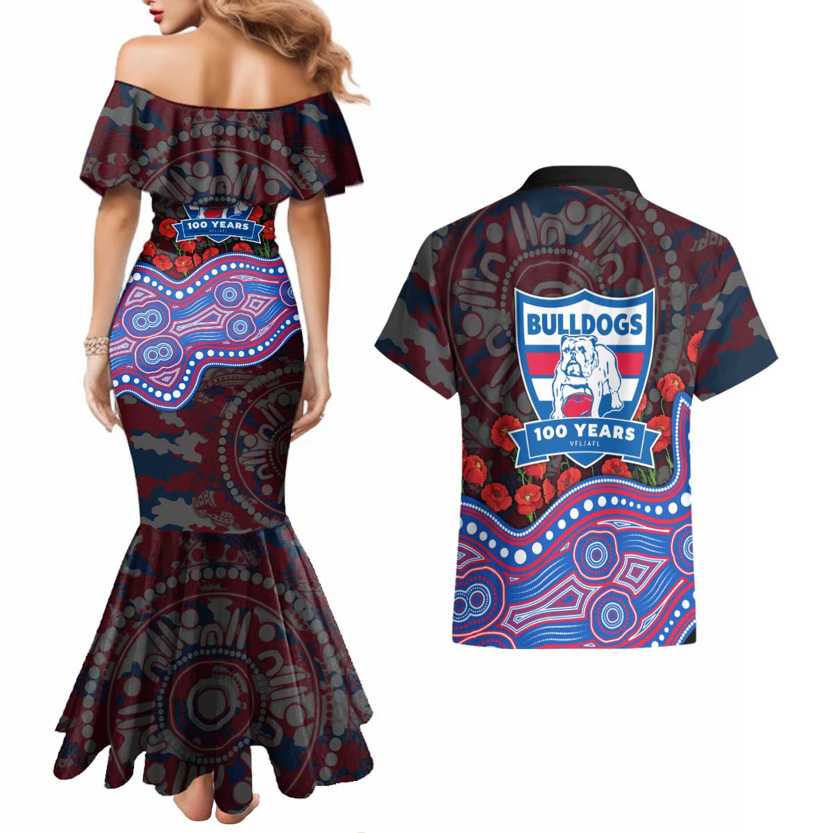 Western Bulldogs ANZAC Day Couples Matching Mermaid Dress and Hawaiian Shirt Indigenous Dot Art with Poppy Flower Tribute