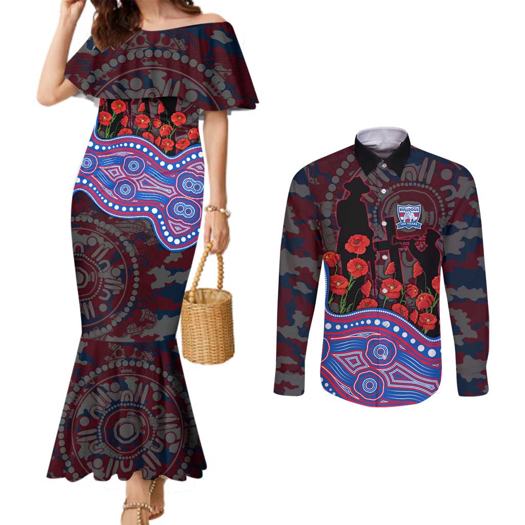 Western Bulldogs ANZAC Day Couples Matching Mermaid Dress and Long Sleeve Button Shirt Indigenous Dot Art with Poppy Flower Tribute
