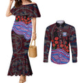 Western Bulldogs ANZAC Day Couples Matching Mermaid Dress and Long Sleeve Button Shirt Indigenous Dot Art with Poppy Flower Tribute
