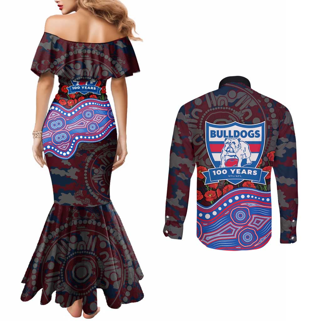 Western Bulldogs ANZAC Day Couples Matching Mermaid Dress and Long Sleeve Button Shirt Indigenous Dot Art with Poppy Flower Tribute