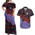 Western Bulldogs ANZAC Day Couples Matching Off Shoulder Maxi Dress and Hawaiian Shirt Indigenous Dot Art with Poppy Flower Tribute