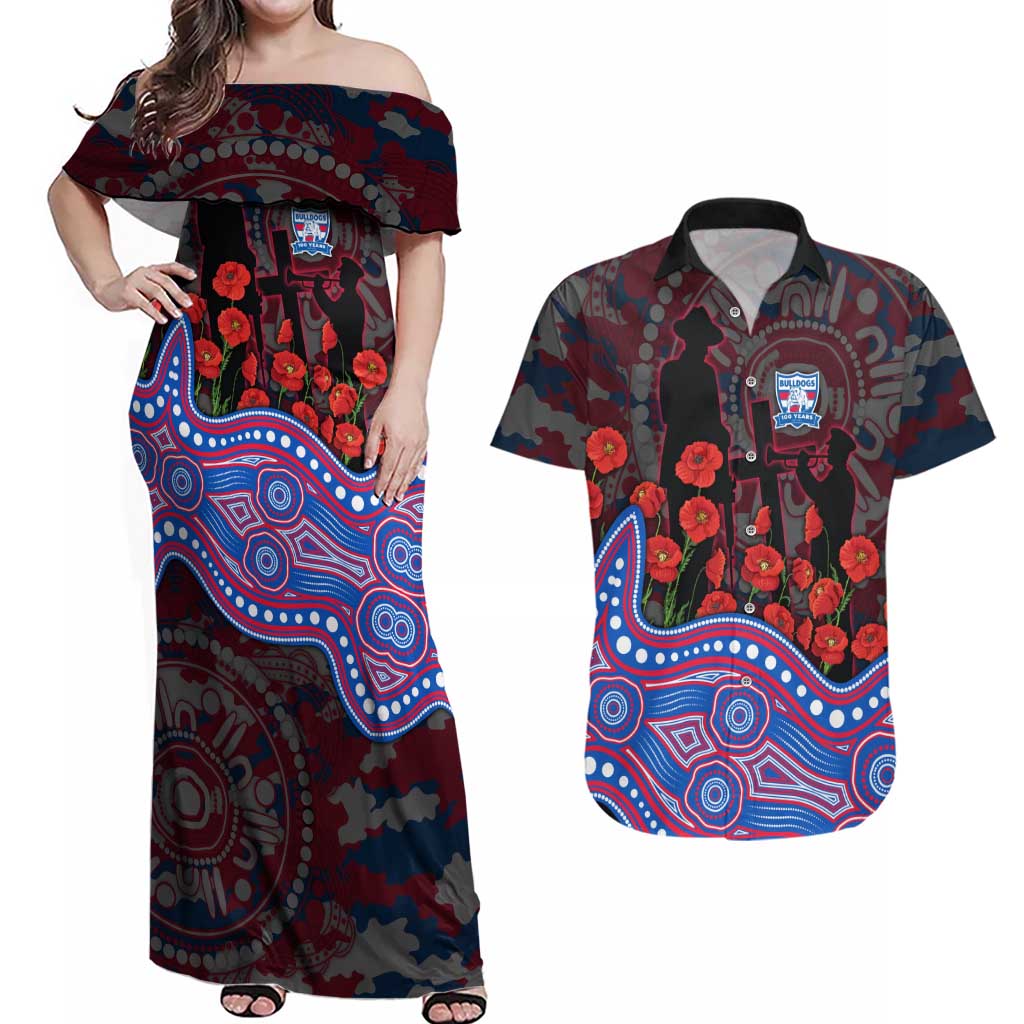 Western Bulldogs ANZAC Day Couples Matching Off Shoulder Maxi Dress and Hawaiian Shirt Indigenous Dot Art with Poppy Flower Tribute