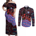 Western Bulldogs ANZAC Day Couples Matching Off Shoulder Maxi Dress and Long Sleeve Button Shirt Indigenous Dot Art with Poppy Flower Tribute