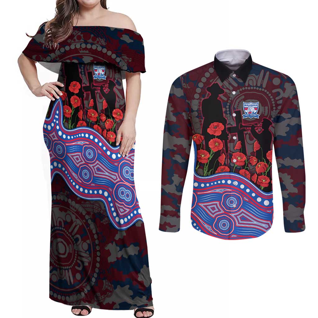 Western Bulldogs ANZAC Day Couples Matching Off Shoulder Maxi Dress and Long Sleeve Button Shirt Indigenous Dot Art with Poppy Flower Tribute