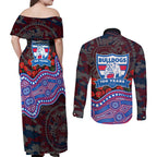 Western Bulldogs ANZAC Day Couples Matching Off Shoulder Maxi Dress and Long Sleeve Button Shirt Indigenous Dot Art with Poppy Flower Tribute