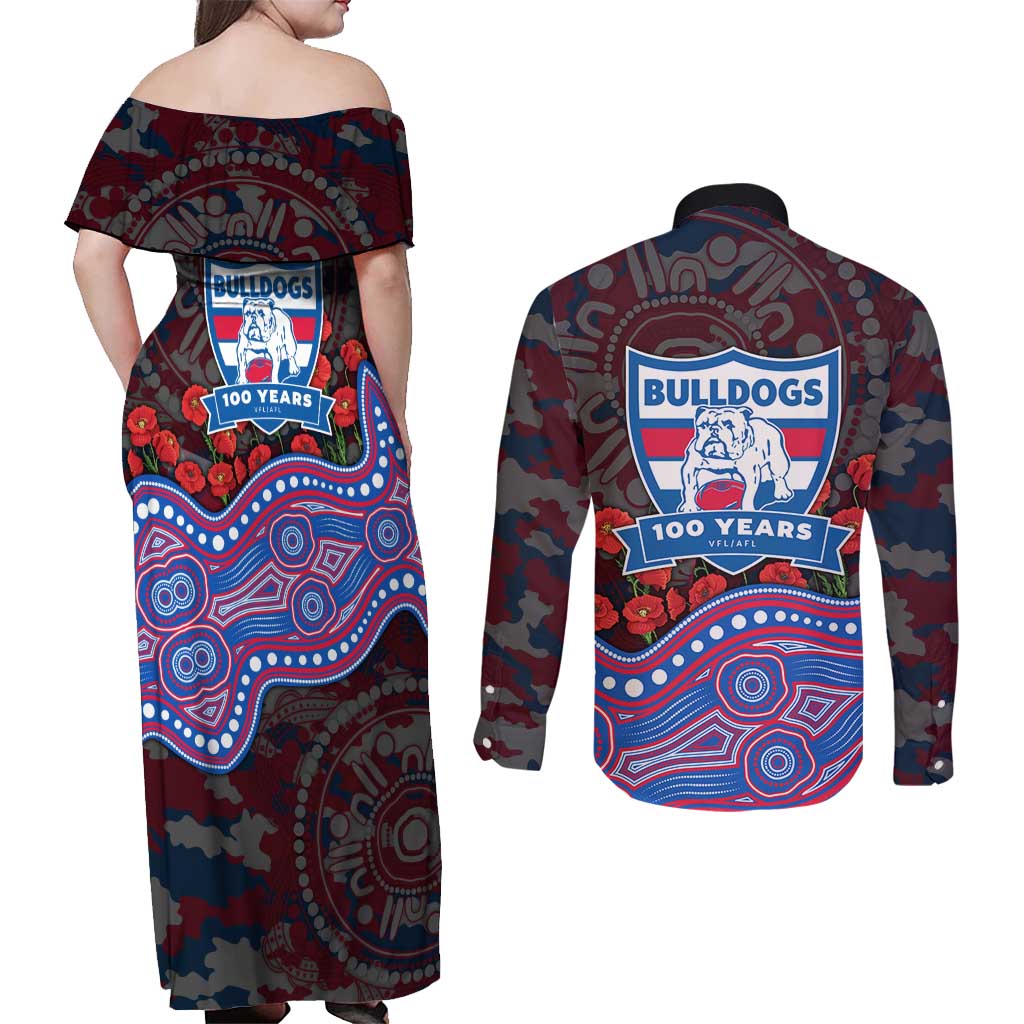 Western Bulldogs ANZAC Day Couples Matching Off Shoulder Maxi Dress and Long Sleeve Button Shirt Indigenous Dot Art with Poppy Flower Tribute