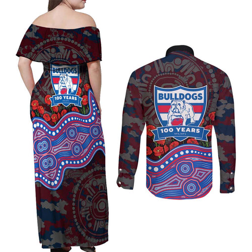 Western Bulldogs ANZAC Day Couples Matching Off Shoulder Maxi Dress and Long Sleeve Button Shirt Indigenous Dot Art with Poppy Flower Tribute