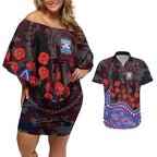 Western Bulldogs ANZAC Day Couples Matching Off Shoulder Short Dress and Hawaiian Shirt Indigenous Dot Art with Poppy Flower Tribute