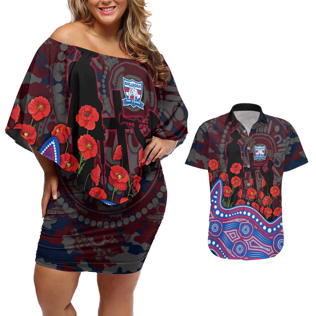 Western Bulldogs ANZAC Day Couples Matching Off Shoulder Short Dress and Hawaiian Shirt Indigenous Dot Art with Poppy Flower Tribute