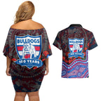 Western Bulldogs ANZAC Day Couples Matching Off Shoulder Short Dress and Hawaiian Shirt Indigenous Dot Art with Poppy Flower Tribute