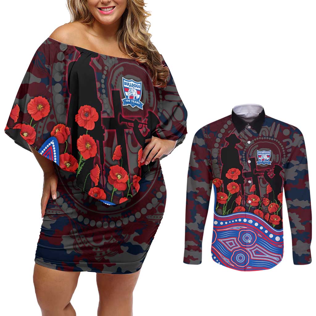 Western Bulldogs ANZAC Day Couples Matching Off Shoulder Short Dress and Long Sleeve Button Shirt Indigenous Dot Art with Poppy Flower Tribute