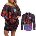 Western Bulldogs ANZAC Day Couples Matching Off Shoulder Short Dress and Long Sleeve Button Shirt Indigenous Dot Art with Poppy Flower Tribute