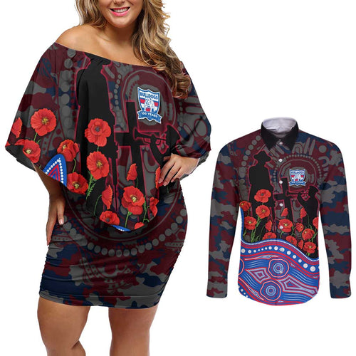Western Bulldogs ANZAC Day Couples Matching Off Shoulder Short Dress and Long Sleeve Button Shirt Indigenous Dot Art with Poppy Flower Tribute