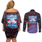 Western Bulldogs ANZAC Day Couples Matching Off Shoulder Short Dress and Long Sleeve Button Shirt Indigenous Dot Art with Poppy Flower Tribute