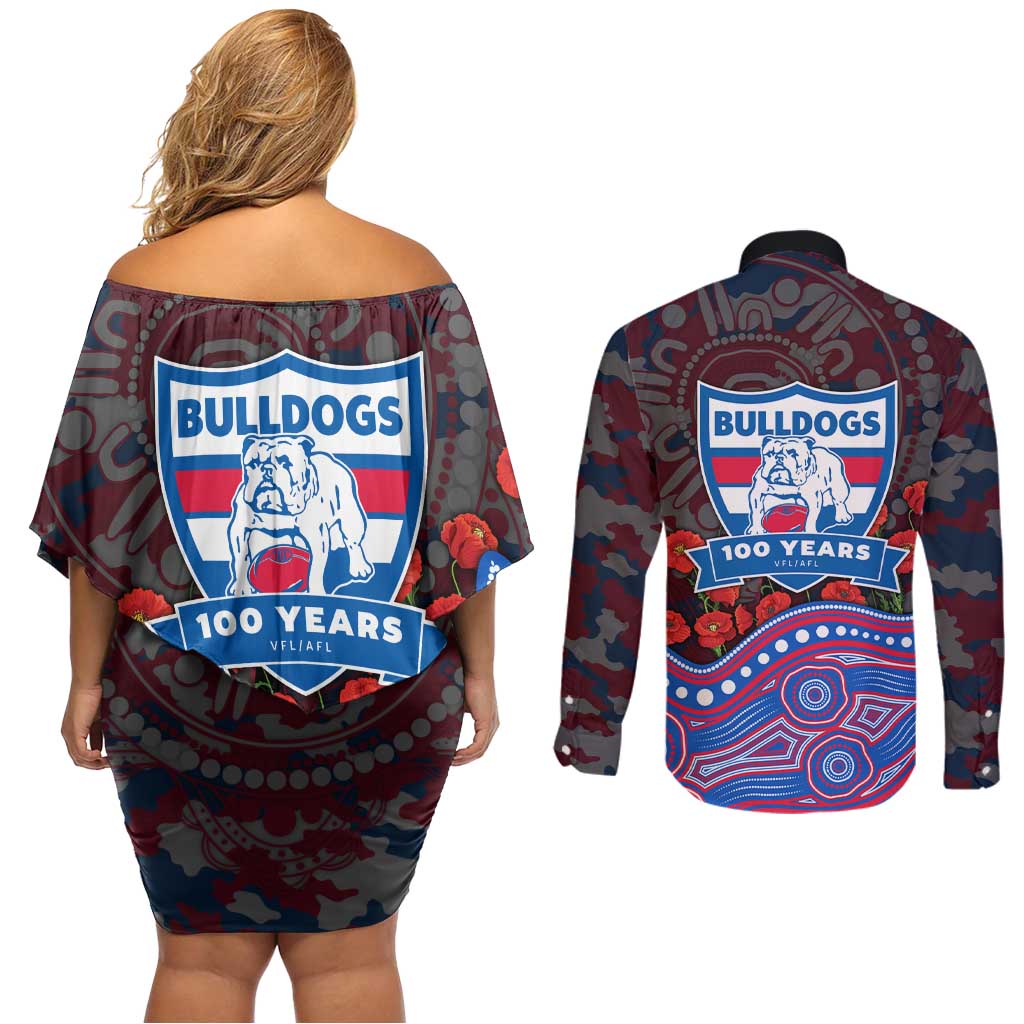 Western Bulldogs ANZAC Day Couples Matching Off Shoulder Short Dress and Long Sleeve Button Shirt Indigenous Dot Art with Poppy Flower Tribute