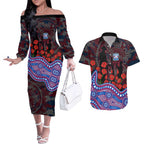 Western Bulldogs ANZAC Day Couples Matching Off The Shoulder Long Sleeve Dress and Hawaiian Shirt Indigenous Dot Art with Poppy Flower Tribute