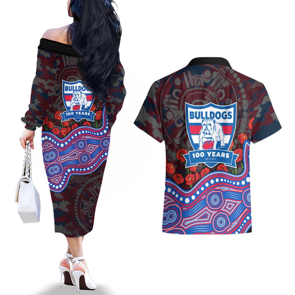Western Bulldogs ANZAC Day Couples Matching Off The Shoulder Long Sleeve Dress and Hawaiian Shirt Indigenous Dot Art with Poppy Flower Tribute