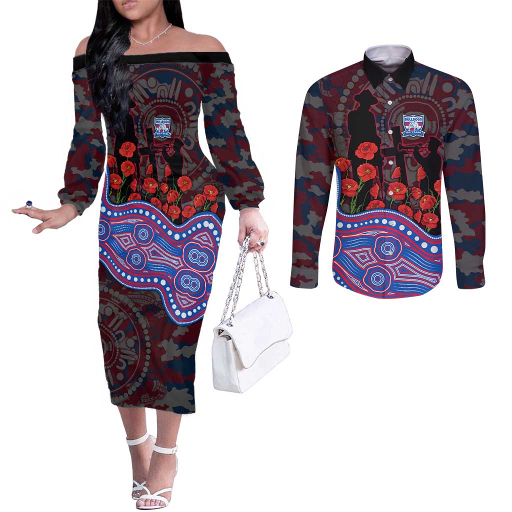 Western Bulldogs ANZAC Day Couples Matching Off The Shoulder Long Sleeve Dress and Long Sleeve Button Shirt Indigenous Dot Art with Poppy Flower Tribute