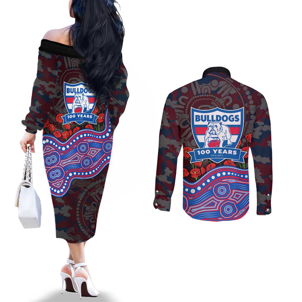 Western Bulldogs ANZAC Day Couples Matching Off The Shoulder Long Sleeve Dress and Long Sleeve Button Shirt Indigenous Dot Art with Poppy Flower Tribute
