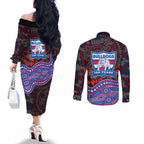 Western Bulldogs ANZAC Day Couples Matching Off The Shoulder Long Sleeve Dress and Long Sleeve Button Shirt Indigenous Dot Art with Poppy Flower Tribute