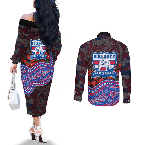 Western Bulldogs ANZAC Day Couples Matching Off The Shoulder Long Sleeve Dress and Long Sleeve Button Shirt Indigenous Dot Art with Poppy Flower Tribute