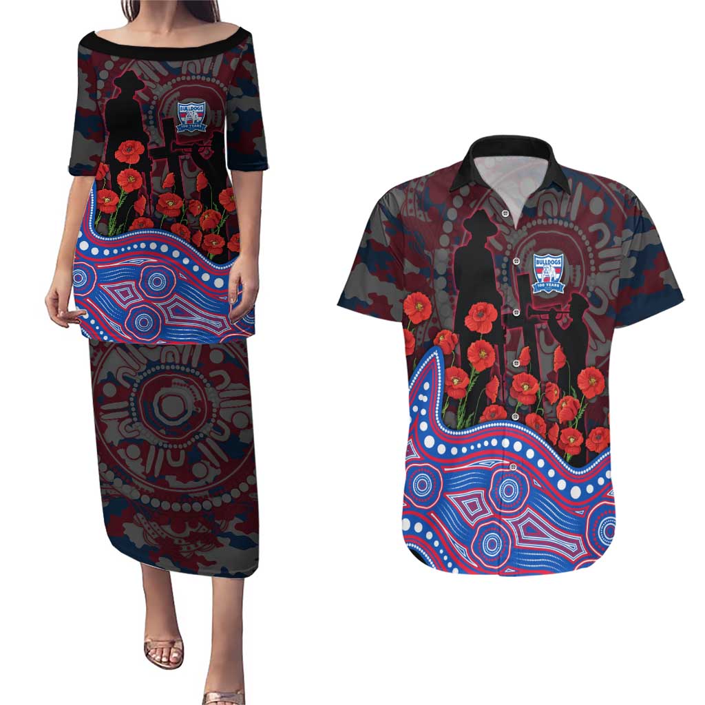Western Bulldogs ANZAC Day Couples Matching Puletasi and Hawaiian Shirt Indigenous Dot Art with Poppy Flower Tribute