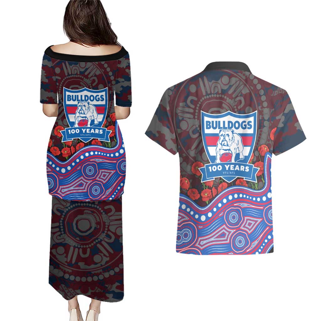 Western Bulldogs ANZAC Day Couples Matching Puletasi and Hawaiian Shirt Indigenous Dot Art with Poppy Flower Tribute