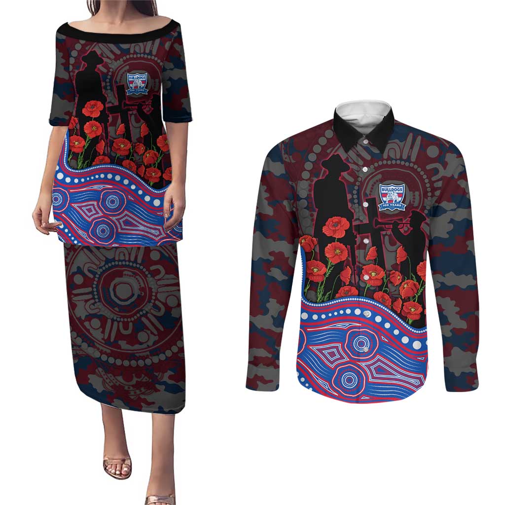 Western Bulldogs ANZAC Day Couples Matching Puletasi and Long Sleeve Button Shirt Indigenous Dot Art with Poppy Flower Tribute