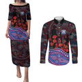 Western Bulldogs ANZAC Day Couples Matching Puletasi and Long Sleeve Button Shirt Indigenous Dot Art with Poppy Flower Tribute